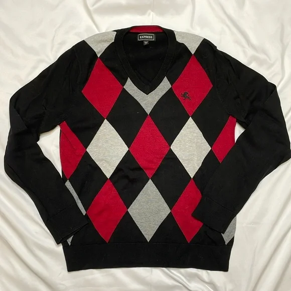 Express Sweaters Express Black Red Argyle Sweater Medium